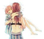  2girls ^_^ back bang_dream! bangs barefoot black_bra blue_pajamas blush borrowed_garments bra carrying closed_eyes flying_sweatdrops from_behind hug long_hair long_sleeves multiple_girls pink_hair princess_carry re_ghotion red_hair striped striped_pajamas sweat udagawa_tomoe uehara_himari underwear yuri 