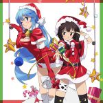  aqua_(konosuba) christmas gift hat kono_subarashii_sekai_ni_shukufuku_wo! megumin promotional_art santa_costume santa_hat star thighhighs 