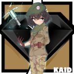  1girl absurdres akiyama_yukari anglerfish antyobi0720 arm_behind_back bangs belt beret brown_belt brown_eyes brown_gloves brown_hair brown_jacket brown_pants camouflage cargo_pants closed_mouth commentary cosplay electricity emblem eyebrows_visible_through_hair girls_und_panzer gloves green_bandana green_headwear green_neckwear hat highres jacket kaid_(rainbow_six_siege) kaid_(rainbow_six_siege)_(cosplay) looking_at_viewer messy_hair military military_uniform pants pouch rainbow_six_siege sam_browne_belt short_hair smile solo standing uniform weapon 