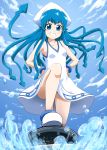  1girl absurdres bangs blue_eyes blue_hair blue_sky bracelet breasts cloud collarbone cosplay day dress floating_hair from_below grin hands_on_hips happinesscharge_precure! highres ikamusume ikamusume_(cosplay) jewelry long_hair niita outdoors precure print_dress shinryaku!_ikamusume shiny shiny_hair shirayuki_hime short_dress sky sleeveless sleeveless_dress small_breasts smile solo standing twitter_username very_long_hair white_dress 