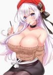  1girl aran_sweater arm_behind_back azur_lane bad_id bad_twitter_id belfast_(shopping_with_the_head_maid)_(azur_lane) beret black_choker black_skirt blue_eyes breasts brown_sweater choker cleavage collarbone food food_in_mouth hat highres large_breasts long_hair looking_at_viewer off_shoulder pantyhose pencil_skirt pocky red_headwear sankakusui silver_hair simple_background sitting skirt solo sweater white_background 