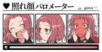  1girl artist_name blush brown_eyes closed_eyes commentary fang flying_sweatdrops frown full-face_blush fume girls_und_panzer hands_on_own_face highres insignia jacket long_sleeves looking_at_viewer looking_away medium_hair open_mouth red_hair red_jacket rosehip scratching_cheek skin_fang smile solo st._gloriana&#039;s_military_uniform sweatdrop translated zono_(inokura_syuzo029) 