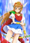  1girl absurdres arrow bangs blue_shirt bow_(weapon) brown_eyes brown_hair closed_mouth collarbone cosplay_request feathers floating_hair hair_feathers hairband heartcatch_precure! highres holding holding_arrow holding_bow_(weapon) holding_weapon long_hair miniskirt myoudouin_itsuki niita precure red_hairband sash shiny shiny_hair shirt short_sleeves shoulder_armor skirt smile solo standing twitter_username very_long_hair weapon white_feathers white_skirt white_sleeves 