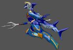  2019 3d_(artwork) armor digital_media_(artwork) fish machine male marine mecha melee_weapon polearm sdx3 shark simple_background solo trident visor weapon yellow_eyes 