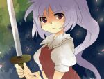  1girl cherry_blossoms dress fighting_stance hammer_(sunset_beach) katana leaf long_hair night night_sky ponytail puffy_short_sleeves puffy_sleeves purple_hair red_dress short_sleeves silent_sinner_in_blue sky sword touhou touhou_bougetsushou watatsuki_no_yorihime weapon 