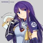  1girl adjusting_hair altina arm_guards arm_up artist_name bangs blue_eyes breasts chibi chibi_inset chocojax coat elbow_gloves fingerless_gloves fire_emblem fire_emblem:_radiant_dawn fire_emblem_heroes gauntlets gloves grey_background hand_in_hair hand_up highres kiran_(fire_emblem) long_hair looking_to_the_side patreon_logo portrait purple_eyes shoulder_armor simple_background solo_focus upper_body 