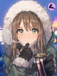  1girl blush brown_hair buttons can canned_coffee coat eyebrows_visible_through_hair face_mask fur-trimmed_jacket fur_trim gloves green_coat green_eyes hooded_coat jacket mask original speech_bubble trembling veryberry00 visible_air winter winter_clothes winter_coat 