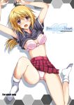  1girl arms_up blonde_hair bra breasts charlotte_dunois cleavage collared_shirt cover cover_page doujin_cover floating_hair from_above grey_shirt infinite_stratos kagura_yuuto long_hair looking_at_viewer lying miniskirt navel on_back panties plaid plaid_skirt pleated_skirt ponytail purple_eyes red_skirt shirt shirt_lift short_sleeves skirt socks solo underwear white_background white_bra white_legwear white_panties wing_collar 