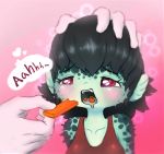   2019 anthro anthrofied black_hair blush breasts carrot clothing disembodied_hand fangs female fish food green_body green_scales hair humor kemono krocodilian marine meme open_mouth pink_eyes plant pufferfish scales spikes suggestive suggestive_food tetraodontiform text topwear vegetable what 