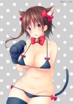  1girl animal_ears bell bikini blush breasts brown_hair cat_tail cleavage eyebrows_visible_through_hair hagino_chiaki highres hinako_note jingle_bell large_breasts looking_at_viewer march-bunny navel red_ribbon ribbon short_hair solo swimsuit tail 
