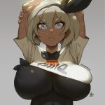  1girl :&lt; absurdres alternate_breast_size arms_up aurahack black_bow blue_eyes bow breasts closed_mouth commentary covered_nipples dark_skin dated grey_background grey_hair hair_between_eyes hair_bow highres large_breasts pokemon pokemon_(game) pokemon_swsh saitou_(pokemon) short_hair signature simple_background solo sweat tight twitter_username upper_body 