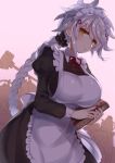  1girl alternate_costume apron asymmetrical_hair black_dress braid breasts commentary_request dress enmaided failure_penguin from_side jitome kantai_collection large_breasts long_hair long_sleeves looking_at_viewer maid maid_apron puffy_long_sleeves puffy_sleeves shiny shiny_clothes silver_hair single_braid slit_pupils solo unryuu_(kantai_collection) very_long_hair wavy_hair yamaarashi yellow_eyes 