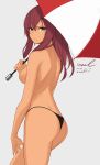  1girl ass bikini_bottom black_bikini_bottom breasts brown_eyes closed_mouth cowboy_shot dated frown girls_frontline grey_background highres holding holding_umbrella long_hair looking_at_viewer looking_back medium_breasts red_hair revision saiga-12_(girls_frontline) signature solo standing topless twitter_username umbrella unel v-shaped_eyebrows 