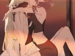  2girls back bare_shoulders biting blonde_hair brown_hair commentary_request ear_biting gloves kotaro-nosuke long_hair midriff multiple_girls original parted_lips pointy_ears single_glove sitting sitting_on_person sweat twitter_username yuri 