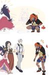  2boys 2girls beard black_hair dark_skin dark_skinned_male dracaena_(pokemon) dress facial_hair hood hoodie iris_(pokemon) kibana_(pokemon) long_hair multiple_boys multiple_girls pokemon purple_hair rotom_phone shaga_(pokemon) shorts squatting suspenders white_hair 