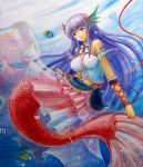  1girl acrylic_paint_(medium) air_bubble bare_shoulders blue_eyes bubble eyebrows_visible_through_hair fish hair_ornament jellyfish lavender_hair long_hair mermaid millipen_(medium) monster_girl navel original ribbon tafuto traditional_media transparent_skirt underwater very_long_hair watercolor_(medium) 