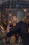  1girl absurdres balcony blonde_hair car cigarette cigarette_box city green_eyes ground_vehicle hashimoto_kokai highres holding holding_cigarette leaning_on_rail motor_vehicle night original short_hair solo 