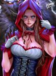  1boy 1girl bared_teeth big_bad_wolf_(grimm) black_choker blue_eyes breasts choker corset cowl fangs frilled_gloves frills furry gloves glowing glowing_eyes grey_fur hand_on_another&#039;s_shoulder hibren holding_hoodie little_red_riding_hood little_red_riding_hood_(grimm) long_hair looking_at_viewer medium_breasts multicolored multicolored_clothes no_pupils red_cowl saliva shoulder_grab tagme 