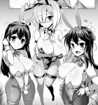 3girls alternate_costume animal_ears blue_eyes bow bowtie breasts bunny_ears bunny_tail bunnysuit cameltoe cleavage commentary_request detached_collar fang flying_sweatdrops greyscale hair_over_one_eye hamakaze_(kantai_collection) kantai_collection large_breasts long_hair looking_at_viewer monochrome multicolored_hair multiple_girls naganami_(kantai_collection) pantyhose short_hair standing tail ushio_(kantai_collection) wrist_cuffs yoshi_tama 