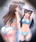  2girls arashio_(kantai_collection) asashio_(kantai_collection) black_hair black_legwear blue_bra blue_eyes blue_panties blush bra breasts brown_eyes brown_hair dressing_room eyebrows_visible_through_hair hair_between_eyes hair_ornament kantai_collection long_hair looking_at_viewer medium_breasts multiple_girls open_mouth panties shirt small_breasts smile sports_bra thighhighs underwear undressing white_bra white_panties zanntetu 