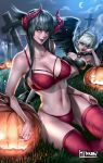  2girls bikini black_hair black_horns black_lips black_wings choker crescent_moon crossed_legs demon_girl eliza_(tekken) feathered_wings ghost glasses glowing glowing_eyes graves graveyard halloween hibren highres horns jack-o&#039;-lantern long_hair moon multiple_girls original print_bikini pumpkin purple_lips red_bikini red_eyes red_horns short_hair succubus swimsuit tekken tekken_revolution tombstone white_hair wings 