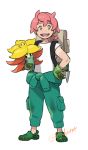  1boy artist_name backpack bag crocs dirty_clothes freckles full_body gen_8_pokemon gloves gossifleur green_eyes green_gloves green_jumpsuit gym_leader hand_on_hip holding holding_pokemon jumpsuit kabo_(friedpotat) male_focus open_mouth pink_hair pokemon pokemon_(creature) pokemon_(game) pokemon_swsh shirt short_ponytail simple_background solo t-shirt tied_sleeves watermark white_background white_shirt yarrow_(pokemon) younger 