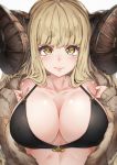  1girl absurdres ahoge anila_(granblue_fantasy) bangs bare_shoulders bikini black_bikini black_bikini_top blonde_hair blunt_bangs blush breasts brown_hair cleavage closed_mouth coat collarbone commentary_request curled_horns draph eyebrows eyebrows_visible_through_hair granblue_fantasy hands_up highres horns hyouta_(yoneya) large_breasts light_smile long_hair long_sleeves looking_at_viewer off_shoulder open_clothes open_coat pink_lips sheep_horns short_eyebrows sidelocks sleeves_past_wrists smile solo swimsuit thick_eyebrows yellow_eyes 