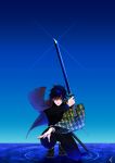  1boy arm_up bangs black_jacket black_pants blue_eyes blue_hair blue_sky buttons day fighting_stance full_body glowing haori highres holding holding_sword holding_weapon jacket japanese_clothes katana kimetsu_no_yaiba krtliki long_sleeves looking_at_viewer male_focus open_clothes open_mouth pants ripples sandals sheath signature sky solo squatting standing standing_on_liquid sword tomioka_giyuu uniform watermark weapon wide_sleeves 
