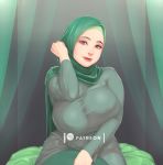  1girl breasts commentary dress english_commentary green_legwear highres hijab large_breasts lips lipstick makeup mature mole mole_under_eye muslim nose original patreon_username purple_eyes sitting solo taut_clothes taut_dress unaligned_breasts veil zephyr_aile 