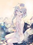  1boy androgynous blue_eyes blush braid goroo granblue_fantasy hair_between_eyes long_hair looking_at_viewer male_focus nipples noa_(granblue_fantasy) nude onsen pale_skin silver_hair single_braid sitting smile solo towel 