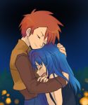  2girls artist_request blue_hair closed_eyes comforting crying eyelashes hand_on_another&#039;s_head head_on_chest hikari_(pokemon) jacket long_hair multicolored multicolored_clothes multiple_girls night no_headwear nozomi_(pokemon) open_mouth pokemon pokemon_(anime) pokemon_(game) pokemon_dppt red_hair short_hair tears yuri 