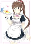  1girl 7_calpis_7 apron bangs bendy_straw black_dress blush bow breasts brown_eyes brown_hair cleavage closed_mouth collar commentary_request cup detached_collar dress drinking_glass drinking_straw eyebrows_visible_through_hair food frilled_apron frilled_dress frills hand_up heart high_ponytail highres holding holding_tray long_hair maid omurice original pink_bow plate ponytail puffy_short_sleeves puffy_sleeves ribbon-trimmed_sleeves ribbon_trim short_sleeves sidelocks small_breasts smile solo star tray very_long_hair white_apron white_background white_collar wrist_cuffs 