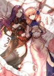  2girls bed_sheet black_hairband black_legwear blanket blue_ribbon breasts brown_eyes circlet cleavage cleavage_cutout curly_hair dress fire_emblem fire_emblem_echoes:_shadows_of_valentia food from_above genny_(fire_emblem) hair_ribbon hairband hand_on_own_stomach holding holding_food long_hair long_sleeves lying medium_breasts multiple_girls on_back on_bed pelvic_curtain pillow pink_dress pink_hair purple_hair red_dress red_eyes ribbon sonya_(fire_emblem) stuffed_animal stuffed_sheep stuffed_toy sunlight thighhighs very_long_hair wani_(fadgrith) window_shade 