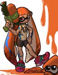  1girl 1other bangs bike_shorts blnk blunt_bangs commission dirty_clothes domino_mask finger_on_trigger flat_chest gun highres holding holding_gun holding_weapon ink_tank_(splatoon) inkling long_hair mask orange_eyes orange_hair paint_splatter pointy_ears shirt shoes sneakers solo_focus splatoon_(series) splatoon_1 splattershot_(splatoon) squid super_soaker t-shirt tentacle_hair twintails very_long_hair weapon 