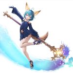 1girl animal_ears arm_up blue_dress blue_eyes blue_gloves blue_hair dress elin_(tera) fox_ears fox_tail full_body gloves high_heels highres huge_weapon leg_up legs open_mouth shoes short_dress short_hair simple_background solo staff standing standing_on_one_leg star tail tera_online thigh_strap thighs weapon white_background wind wind_lift 