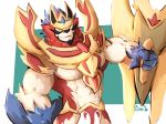  2019 anthro armor biceps blue_body blue_fur fur holding_object holding_shield legendary_pok&eacute;mon makowolf1 male mammal muscular muscular_male nintendo pok&eacute;mon pok&eacute;mon_(species) red_body red_fur shield signature three_tone_fur unconvincing_armor video_games white_body white_fur zamazenta 