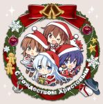  4girls akatsuki_(kantai_collection) alternate_costume anchor_symbol bauble bell black_legwear blue_eyes box brown_eyes brown_gloves brown_hair cake candy candy_cane capelet chibi christmas_ornaments christmas_stocking christmas_wreath commentary_request cyrillic dress enemy_lifebuoy_(kantai_collection) fang flat_cap folded_ponytail food fur-trimmed_capelet fur_trim gift gift_box gingerbread_man gloves grey_background hair_ornament hairclip hat hibiki_(kantai_collection) highres hizuki_yayoi ikazuchi_(kantai_collection) inazuma_(kantai_collection) kantai_collection long_hair looking_at_viewer messy_hair multiple_girls one_eye_closed pantyhose purple_eyes purple_hair red_dress red_headwear russian_text santa_costume santa_hat shinkaisei-kan short_hair silver_hair skin_fang sparkle star wreath 