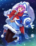  1girl bangs blunt_bangs blush bow eyebrows_visible_through_hair fate/grand_order fate_(series) fur_trim gloves hat helena_blavatsky_(fate/grand_order) highres open_mouth outdoors pantyhose purple_eyes purple_hair red_bow sack short_hair signature snowing solo tree tsuki_tokage 