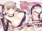  1girl azur_lane bangs blush breasts cake cat choker cleavage closed_mouth commentary_request couch cup curtains earrings eyebrows_visible_through_hair finger_to_mouth flower_pot food formidable_(azur_lane) fruit fruit_bowl fujima_takuya garter_belt garter_straps grey_hair hair_ribbon indoors jewelry lace lace_choker lace_panties large_breasts lifted_by_self lingerie looking_at_viewer lounging lying mirror on_side panties red_eyes ribbon saucer solo strap_lift strawberry strawberry_shortcake tea tea_set teacup thighhighs twintails underwear white_panties window 