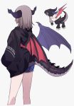  1girl blue_shorts creature cropped_legs cutoffs dragon dragon_girl dragon_horns dragon_tail dragon_wings facing_away grey_hair hood hood_down hoodie horns long_sleeves medium_hair original short_shorts shorts shugao simple_background solo standing tail thighs torn_clothes white_background wings 