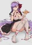  1girl alternate_costume bangs bb_(fate)_(all) bb_(fate/extra_ccc) black_dress blush breasts dress enmaided fate/extra fate/extra_ccc fate_(series) feet food food_writing grey_background hair_between_eyes hair_ribbon haoni highres holding holding_plate ketchup knees_up large_breasts long_hair looking_at_viewer maid maid_headdress omelet omurice plate puffy_short_sleeves puffy_sleeves purple_eyes purple_hair red_ribbon ribbon short_sleeves simple_background sitting solo thighs underbust very_long_hair wrist_cuffs 
