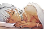  1girl altera_(fate) black_nails breasts close-up closed_eyes dark_skin fate/grand_order fate_(series) i-pan parted_lips sleeveless solo tattoo teeth veil white_hair 