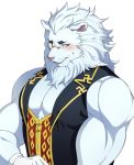  aaassstaro anthro biceps blush clothed clothing felid fur green_eyes hair lion male mammal mane mane_hair muscular muscular_male pantherine pecs pink_nose simple_background snow_(tas) solo tokyo_afterschool_summoners topwear video_games white_background white_body white_fur 