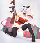  1girl absurdres alternate_costume bare_shoulders belt black_footwear black_gloves boots box breasts detached_collar eyewear_on_head gift gift_box girls_frontline gloves gun hair_between_eyes half_gloves high_heel_boots high_heels highres holding holding_gun holding_weapon juz large_breasts looking_at_viewer one_knee open_mouth red_eyes santa_costume short_hair single_glove solo submachine_gun thigh_boots thighhighs thompson_(girls_frontline) thompson_submachine_gun weapon 