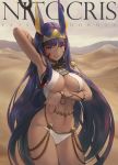  1girl animal_ears arm_up armpits artist_name bangs bare_shoulders breasts character_name choseon cleavage copyright_name cowboy_shot dark_skin desert earrings egyptian_clothes eyebrows_visible_through_hair facial_mark fate/grand_order fate_(series) hairband hoop_earrings jackal_ears jewelry long_hair mountainous_horizon navel nitocris_(fate/grand_order) parted_lips purple_eyes purple_hair revision sand smile solo straight_hair two-tone_hairband very_long_hair 