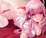  ass barefoot bed blush cropped long_hair nopan original painteen pink_eyes pink_hair 