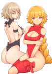  2girls alternate_costume arm_strap ass back bangs bare_back bare_hips bare_shoulders between_legs black_bow black_leotard blonde_hair bow braid breast_hold breasts brown_hair cleavage cleavage_cutout closed_mouth commentary_request eyebrows_visible_through_hair fate/grand_order fate_(series) hand_between_legs hand_on_own_arm hand_on_own_chest highleg highleg_leotard jeanne_d&#039;arc_(alter)_(fate) jeanne_d&#039;arc_(fate) jeanne_d&#039;arc_(fate)_(all) knee_cutout large_breasts leotard light_brown_hair long_hair looking_at_viewer multiple_girls parted_lips purple_eyes red_bow red_legwear red_leotard short_hair sideboob simple_background single_braid sitting skindentation thighhighs tsuki_suigetsu turtleneck_leotard v-shaped_eyebrows very_long_hair white_background 