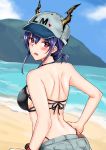  1girl absurdres arknights back bangs baseball_cap beach bikini black_bikini blue_hair blue_shorts blush breasts ch&#039;en_(arknights) clothes_writing day dragon_girl dragon_horns from_behind hair_between_eyes hair_bun halterneck hand_on_hip hat heart highleg highleg_bikini highres horns horns_through_headwear long_hair looking_at_viewer looking_back medium_breasts ocean open_mouth outdoors purple_eyes shorts snowyoooooo solo swimsuit upper_body watch water wristwatch 