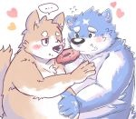  &lt;3 ... 2015 anthro belly bhtoss blue_body blue_fur blush canid canine canis domestic_dog doughnut duo food fur humanoid_hands male mammal overweight 