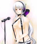  ahoge bad_id bad_pixiv_id breasts cleavage collar headphones large_breasts long_hair microphone microphone_stand naked_suspenders nez-doll red_eyes revealing_clothes ribbon silver_hair solo suspenders topless vocaloid voyakiloid yowane_haku 